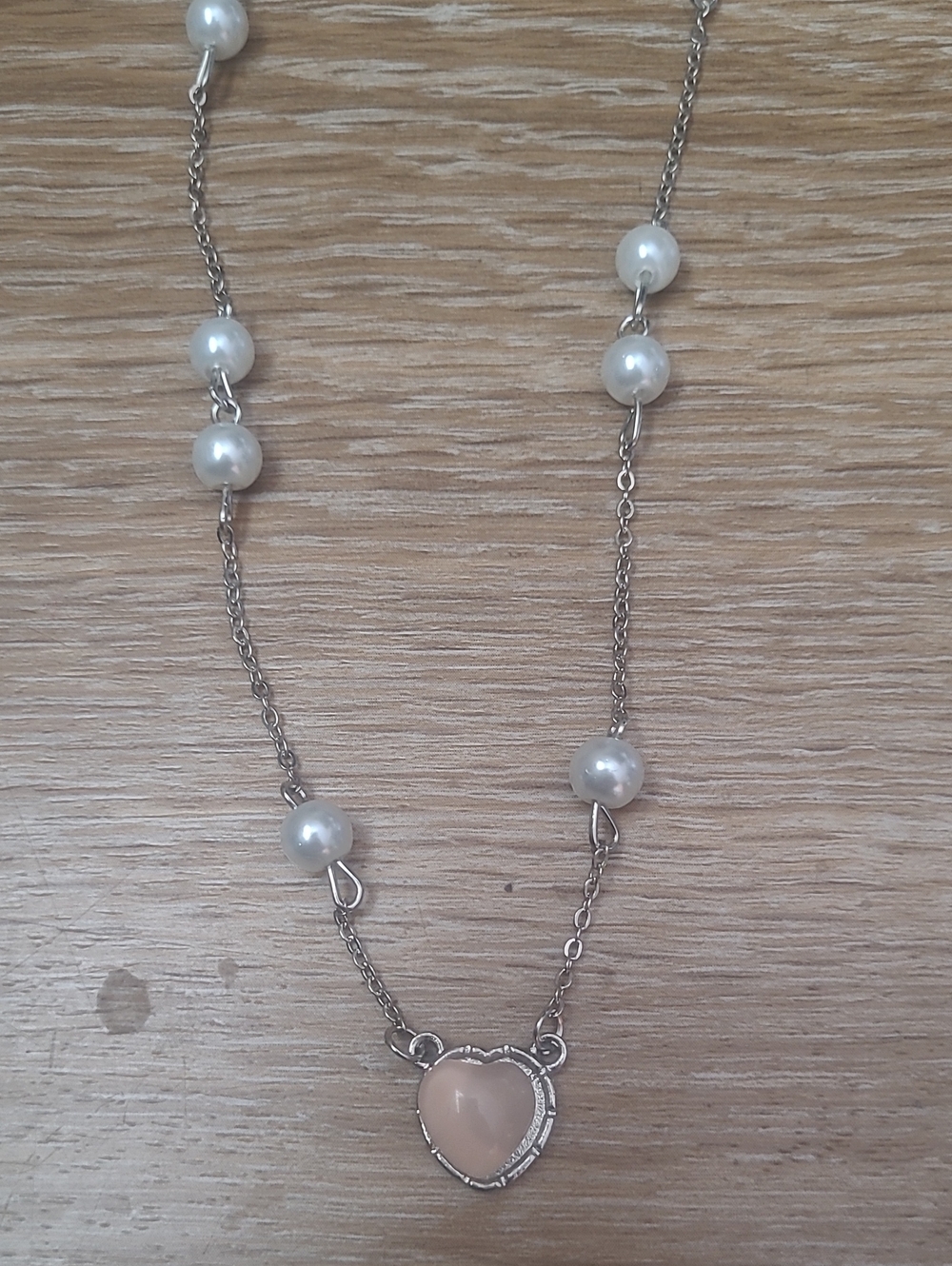 Pearl Station Necklace with Pink Heart Pendant
